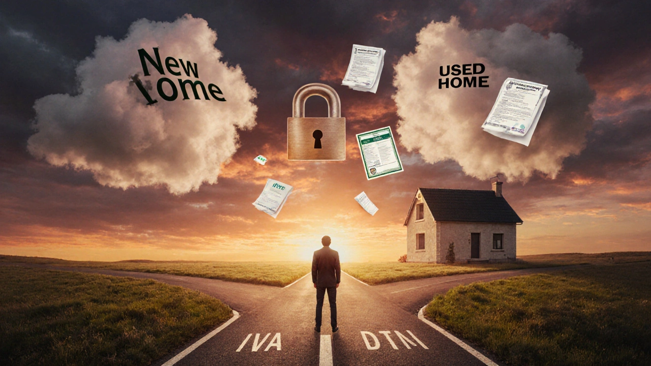 Persona en encrucijada entre comprar vivienda nueva o usada con costos simbólicos.