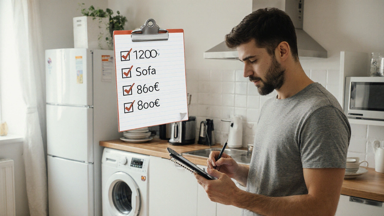 Persona haciendo inventario de objetos del hogar en la cocina, con valores visuales flotantes.