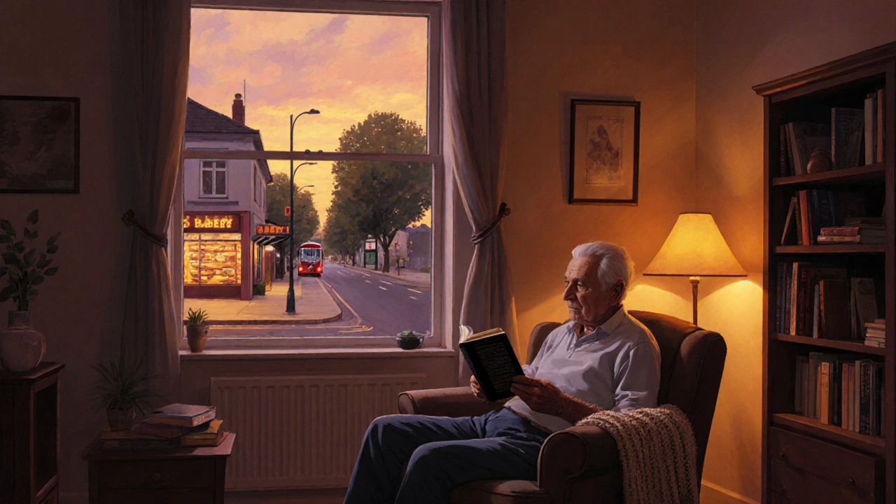 Persona mayor leyendo en un sillón al atardecer, con luz cálida entrando por la ventana y un barrio tranquilo al exterior.