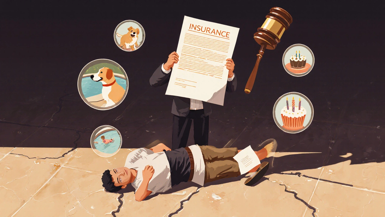 Propietario sostiene una póliza de seguro mientras un visitante se cae en su propiedad.