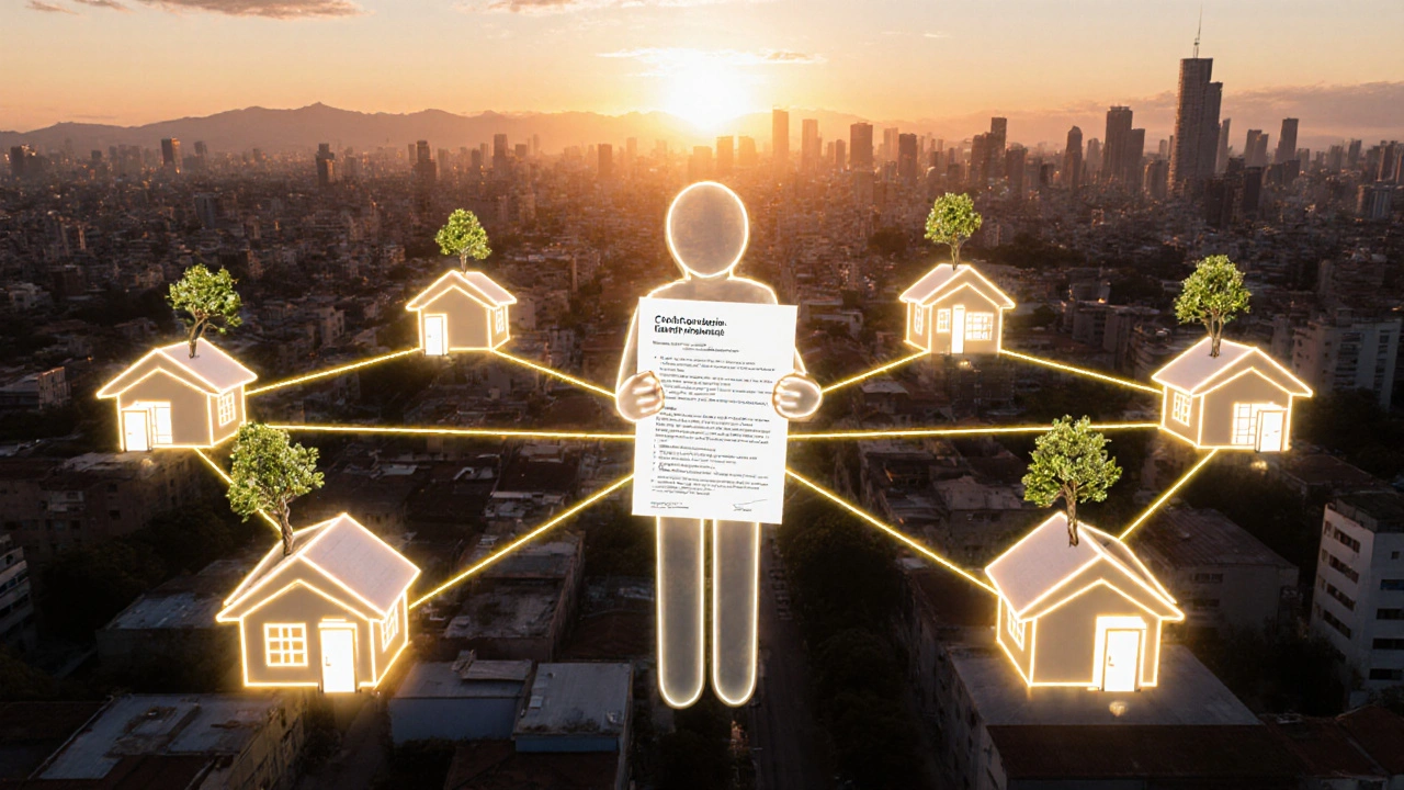 Red de viviendas en Argentina conectadas por contratos de leasing, con árboles creciendo y un sol naciente.