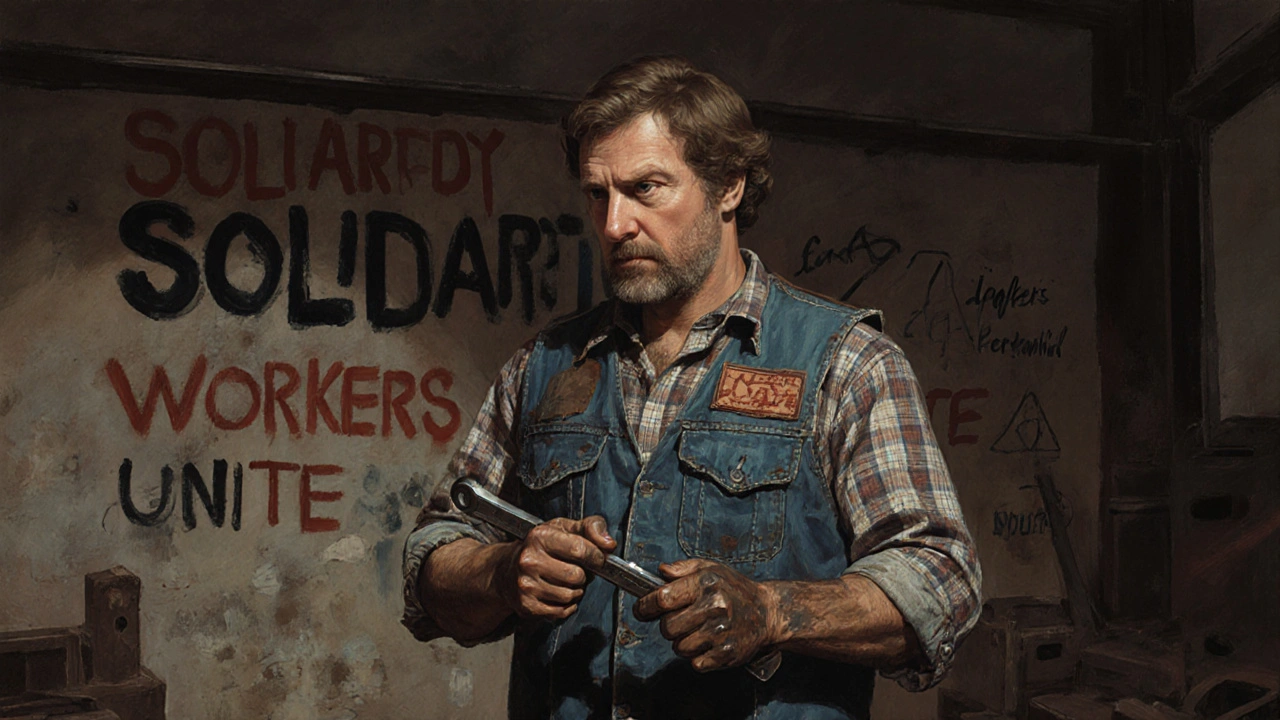 Trabajador con chaleco de denim y manchas de aceite, frente a un mural de consignas de solidaridad.