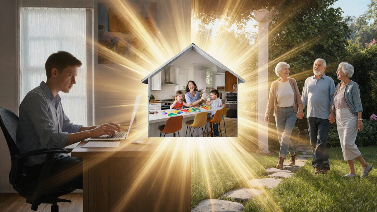 Tres escenas de vida en una misma casa: un profesional trabajando, una familia en la cocina y una pareja en el jardín, unidas por rayos de luz dorada.