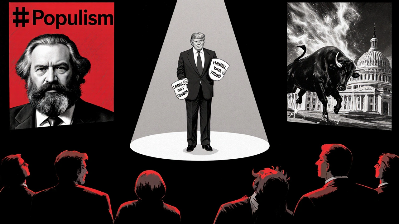 Trump en un escenario teatral usando una máscara de populismo, con proyecciones de eventos políticos detrás de él.