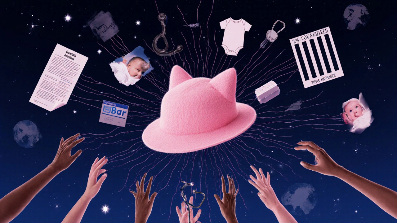 Un sombrero rosa flotando rodeado de símbolos de derechos reproductivos y resistencia global.