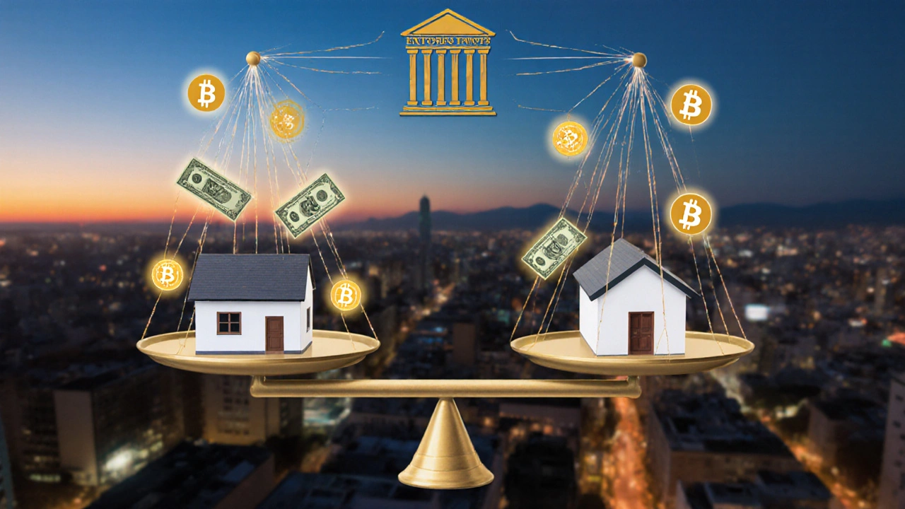 Una balanza que equilibra una casa con flujos de ingresos variables conectados por hilos luminosos.