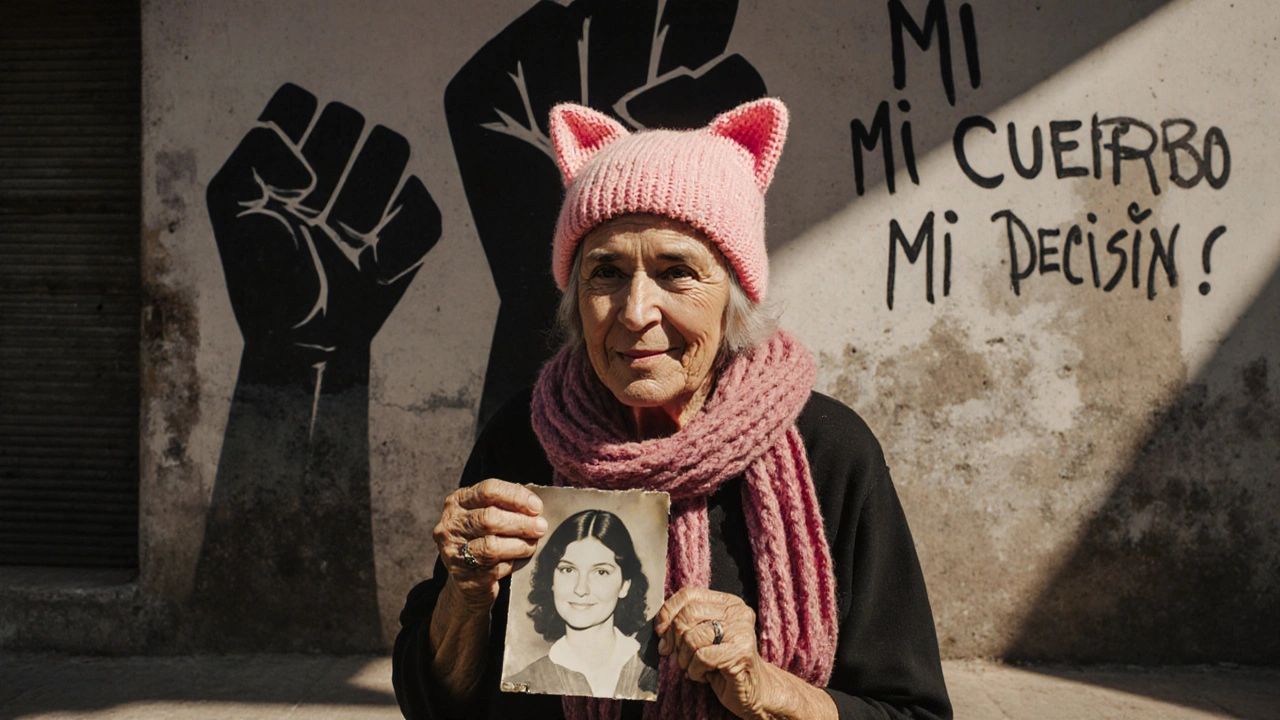 Una mujer mayor en Rosario lleva un sombrero rosa tejido mientras sostiene una foto de su hija.