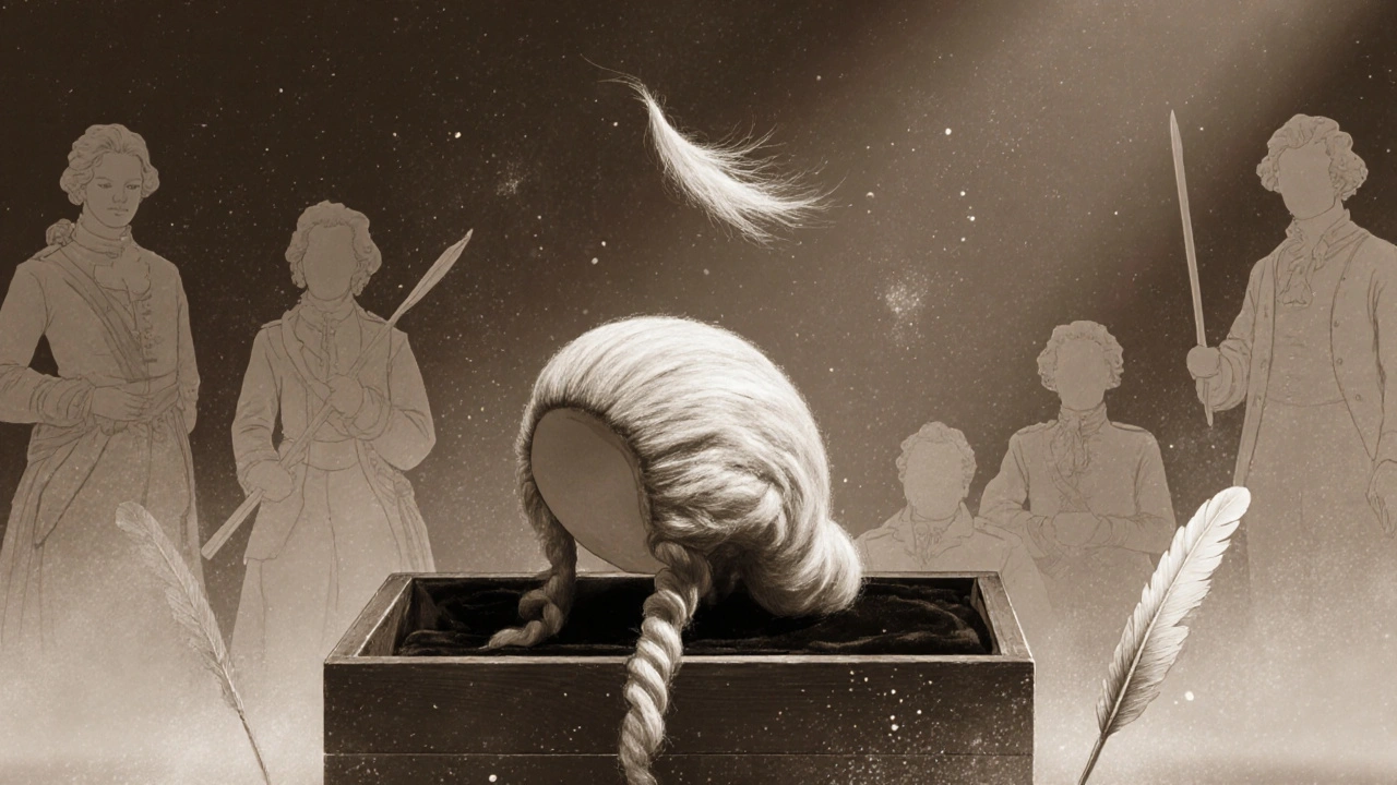 Una peluca blanca desgastada descansando en una caja de madera, con un mechón suelto flotando.