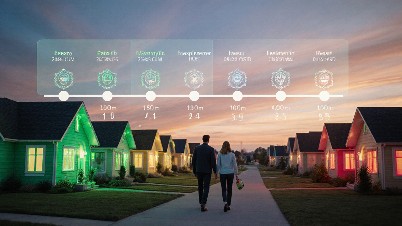 Vecindario con casas que brillan según su estado de pago, con una línea de tiempo digital superpuesta.