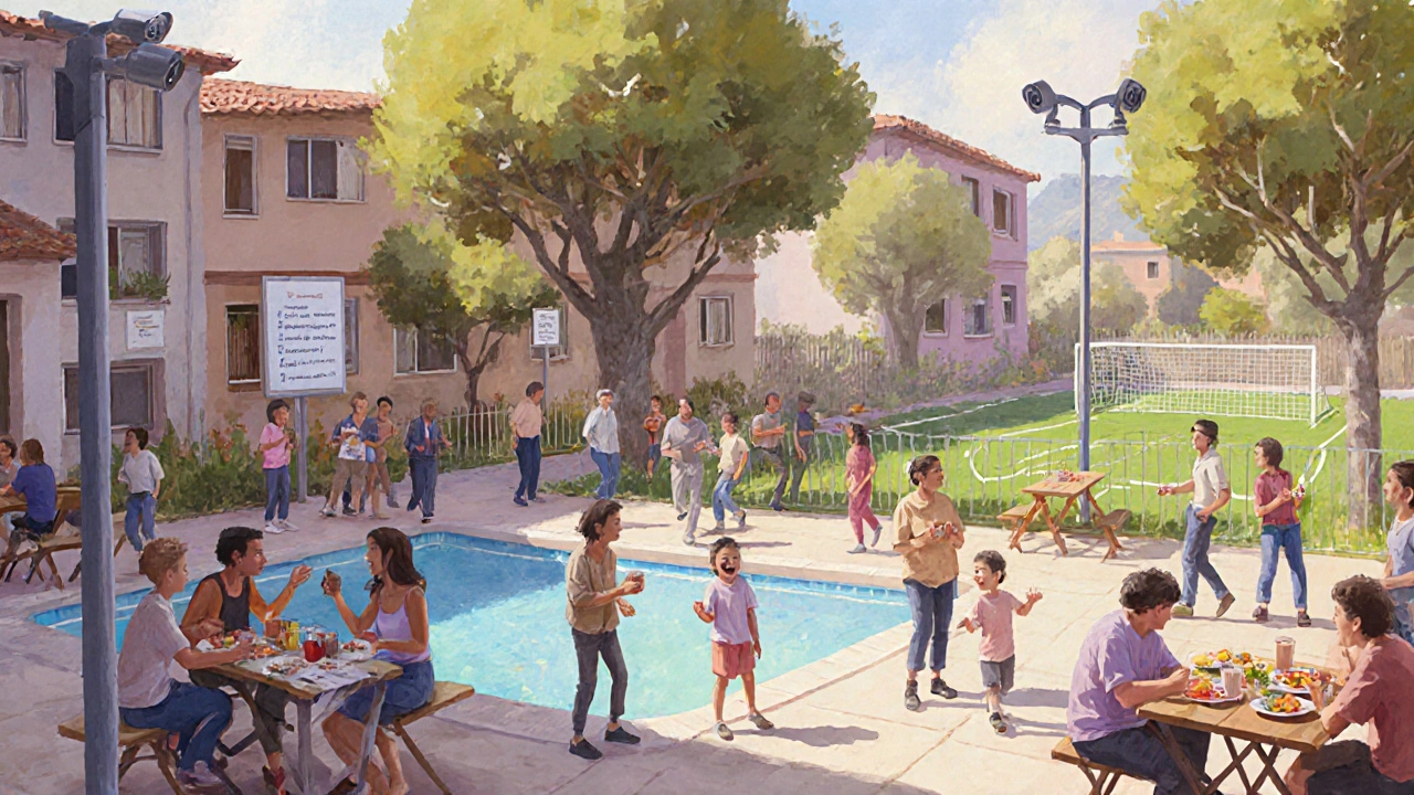 Vecinos se reúnen en un patio común de un barrio cerrado en Buenos Aires, compartiendo comida y jugando con niños cerca de una pileta.