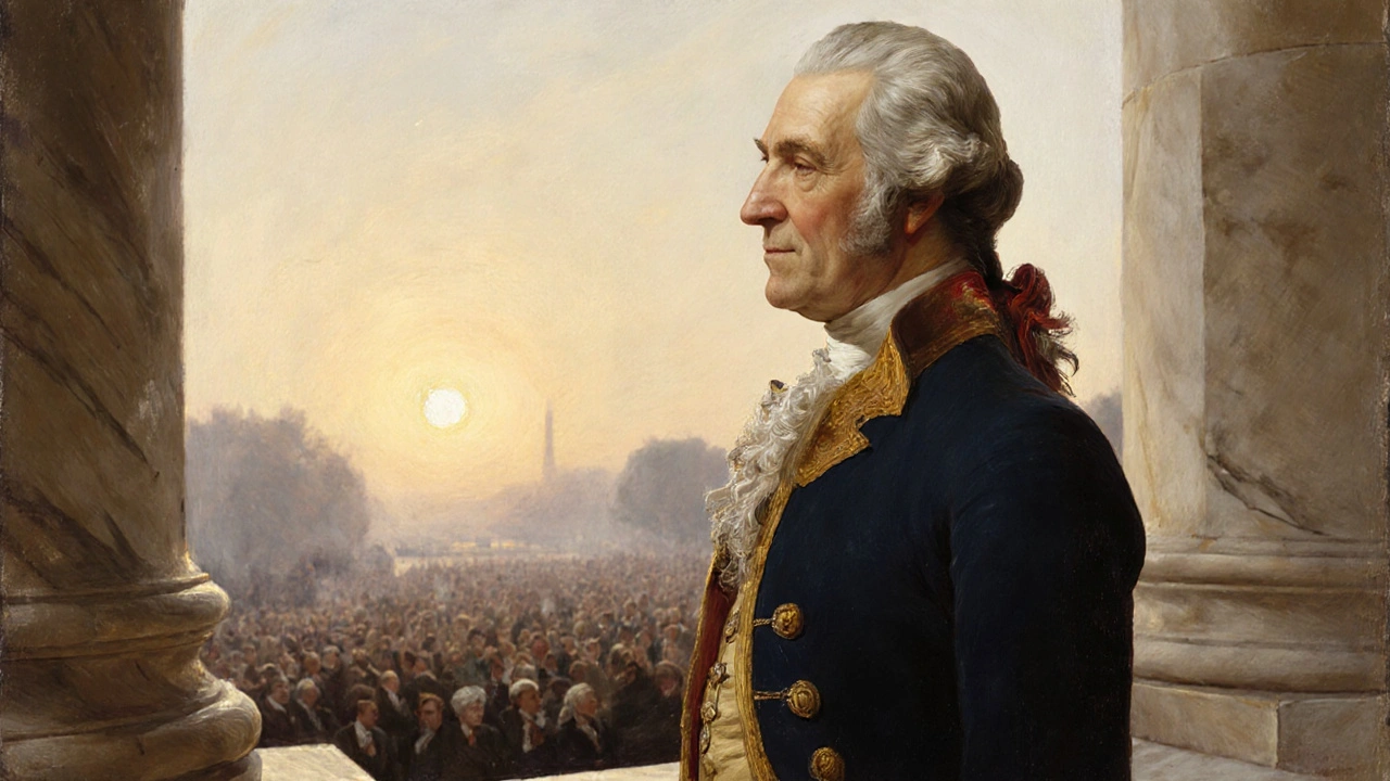 Washington jurando como presidente con una peluca blanca sencilla, al amanecer.