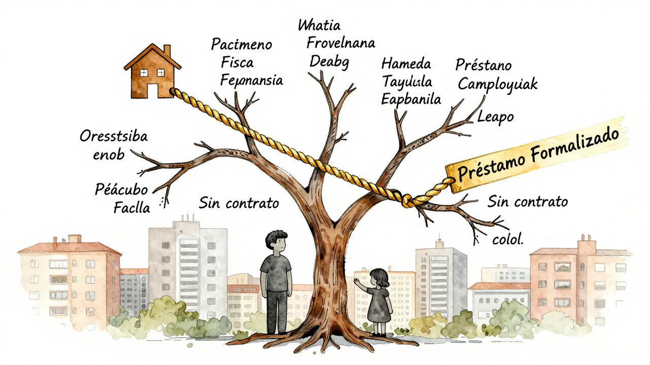 Árbol genealógico con una rama que llega a una casa conectada por una cuerda dorada, simbolizando un préstamo formalizado.