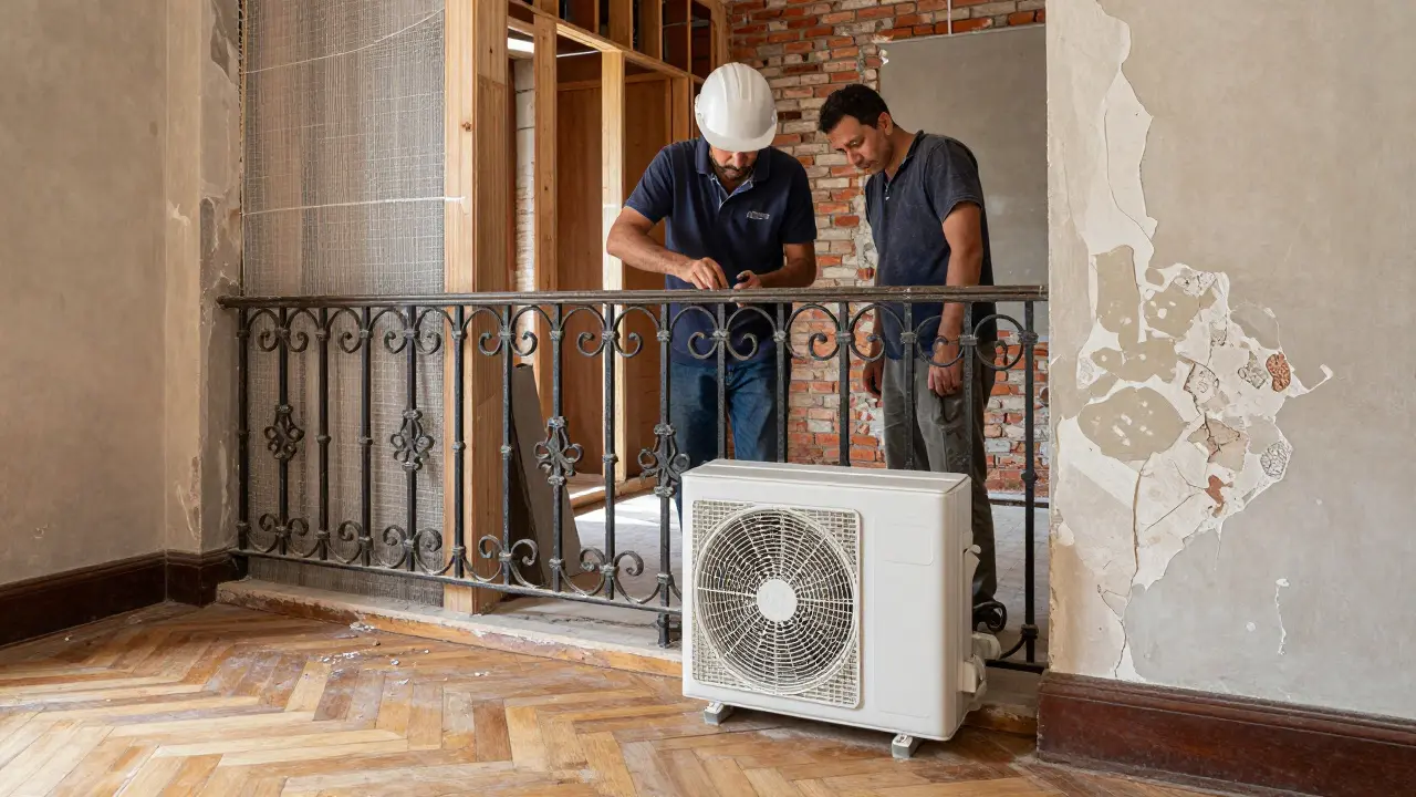 Artistas restauran barandillas de hierro forjado y instalan ventilación oculta en una casa patrimonial, con paredes reforzadas y yeso tradicional.