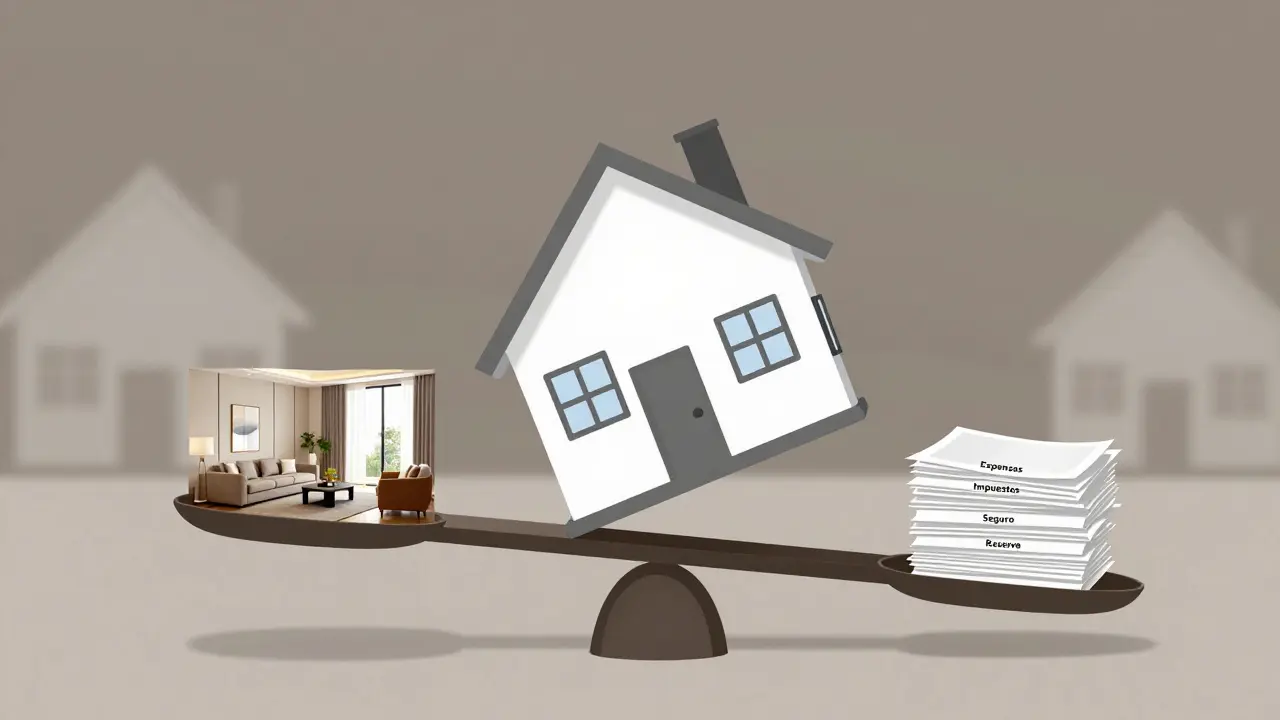 Balanza que compara un departamento lujoso con montones de gastos fijos.