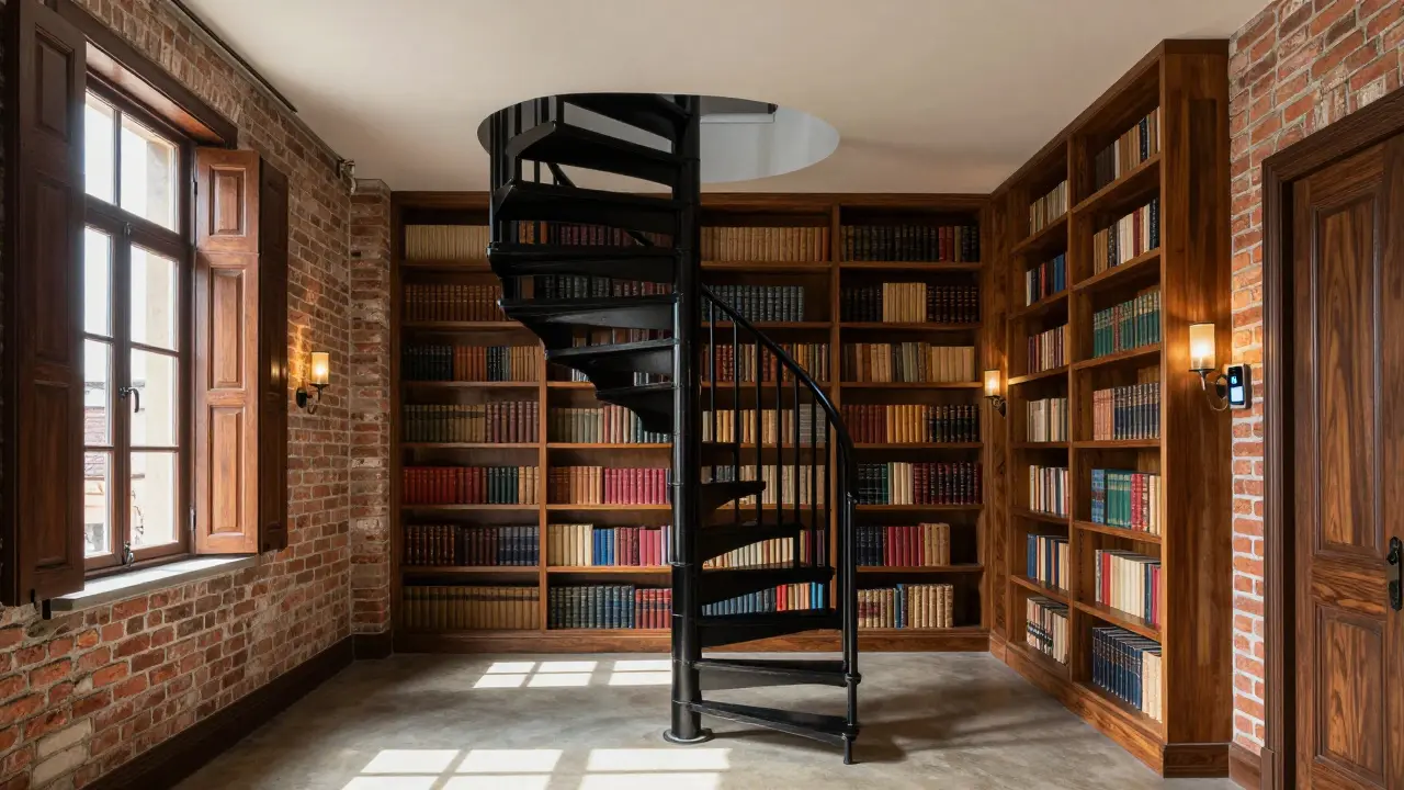 Biblioteca moderna en lo que fue un cuarto de servicio, con escalera de acero lacado y fachada histórica intacta, luz natural entrando por ventanas actualizadas.