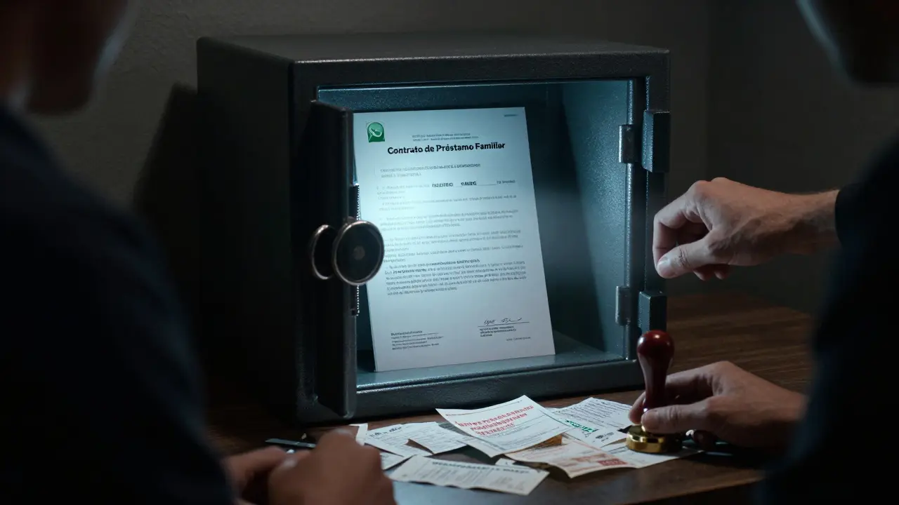 Caja fuerte con un contrato brillante dentro, mientras fuera figuras discuten entre mensajes borrados y recibos rotos.