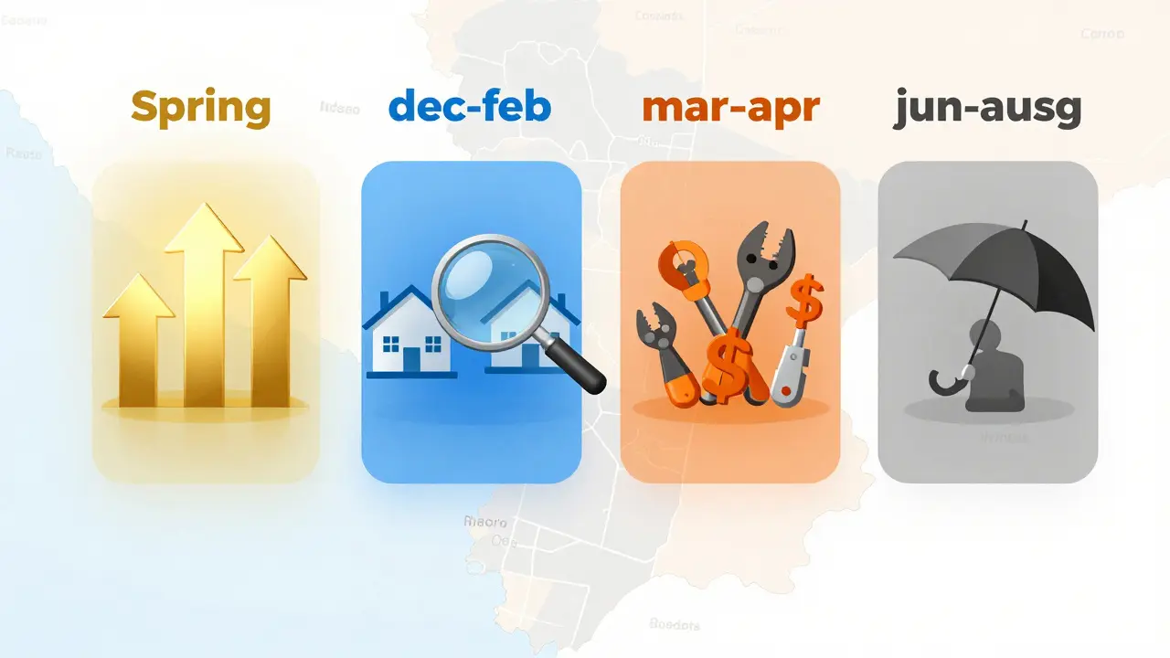 Calendario estacional de Argentina mostrando tendencias del mercado inmobiliario por temporada, con símbolos visuales de oferta y demanda.