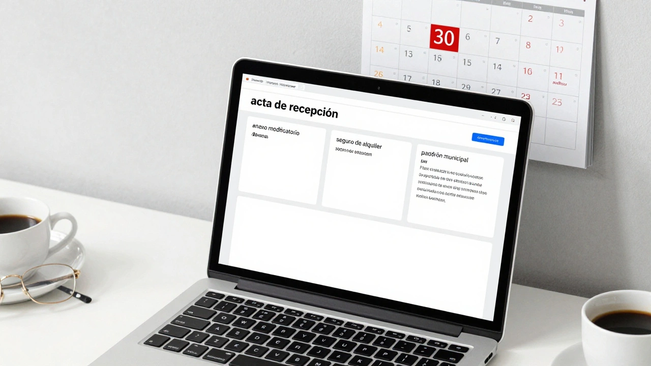 Carpetas digitales con documentos legales de cambio de inquilino en pantalla de laptop.