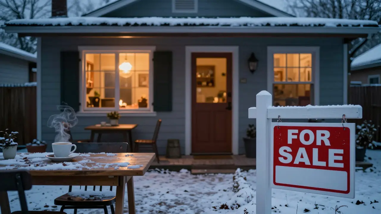 Casa argentina en invierno con luces cálidas, chimenea encendida y café en la mesa, nevado suavemente fuera.