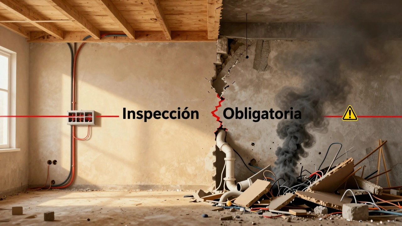 Casa dividida: lado seguro con inspecciones vs. lado caótico sin controles de seguridad.