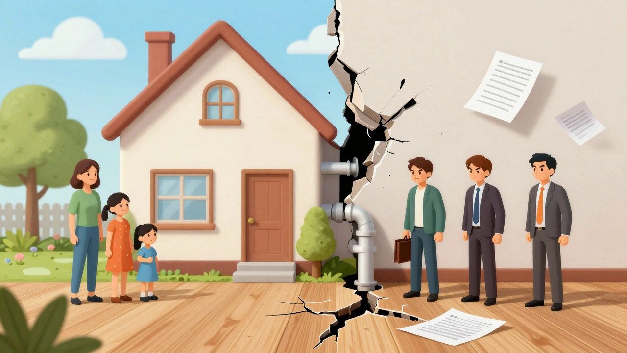 Casa dividida: un lado ideal, el otro revela fugas, papeles legales y vecinos conflictivos.