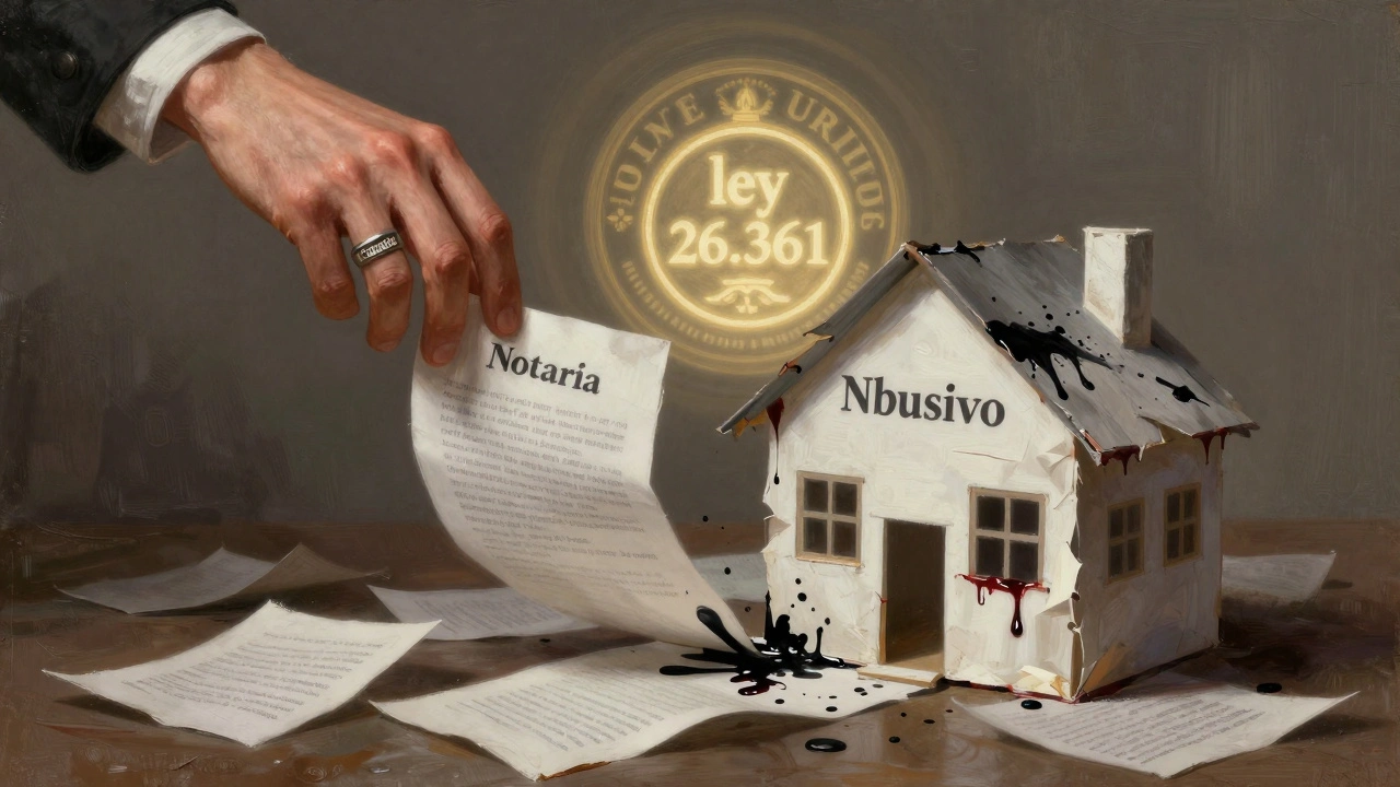 Casa hecha de contratos que se desmorona, mientras una notaría la salva con un sello legal.