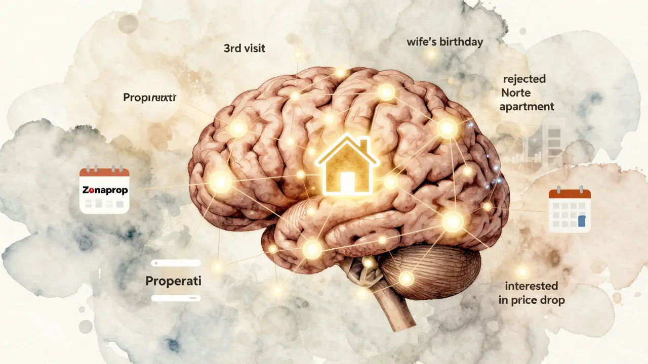 Cerebro visual conectado a datos de clientes como fechas importantes y preferencias de propiedades en Argentina.
