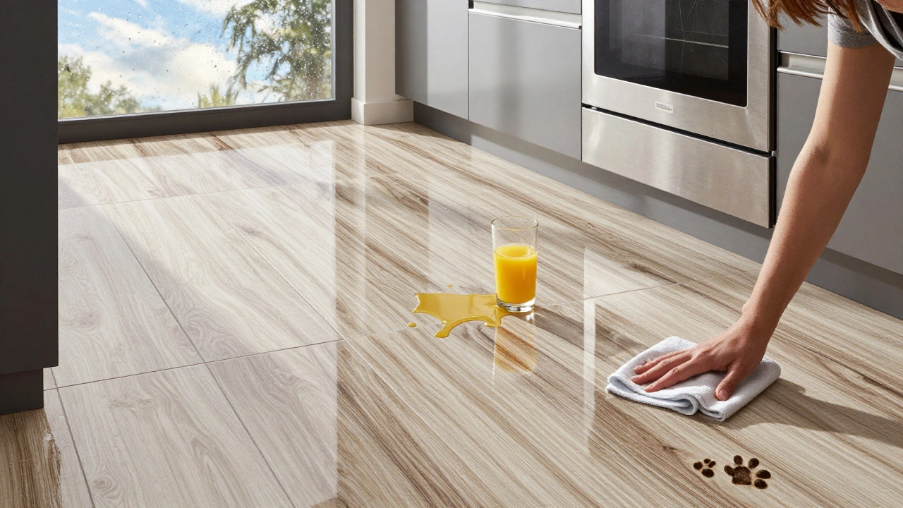 Cocina con piso de porcelanato imitación madera y un perro dejando huellas, limpiando un derrame.