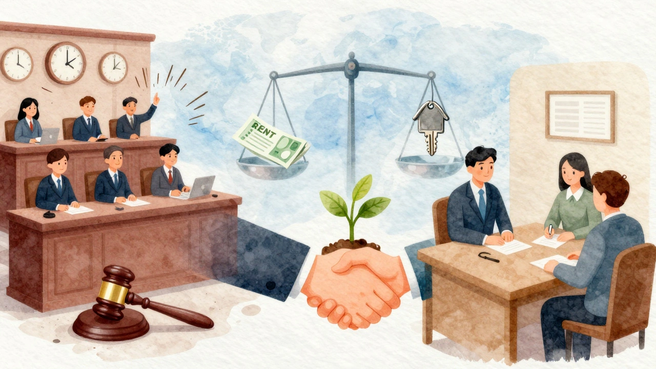 Comparación entre un juicio caótico y una mediación pacífica con una mano que se estrecha.