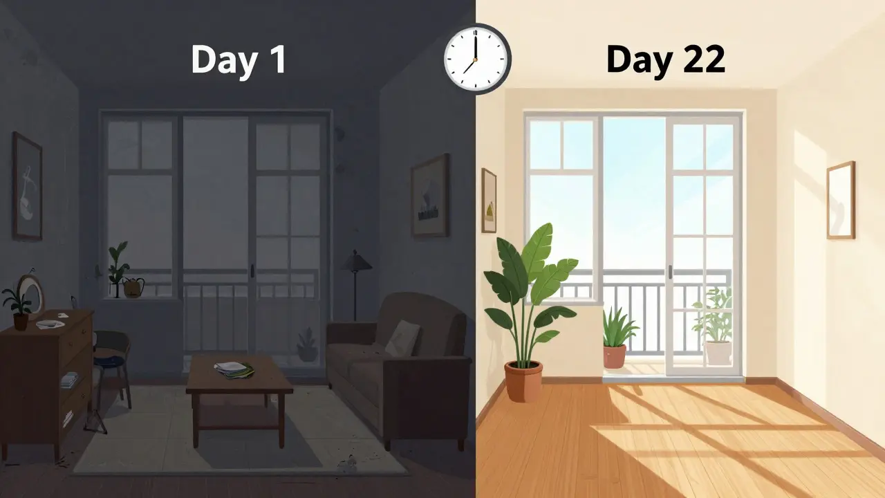 Comparación visual: departamento desordenado y oscuro vs. mismo departamento renovado, luminoso y con balcón.