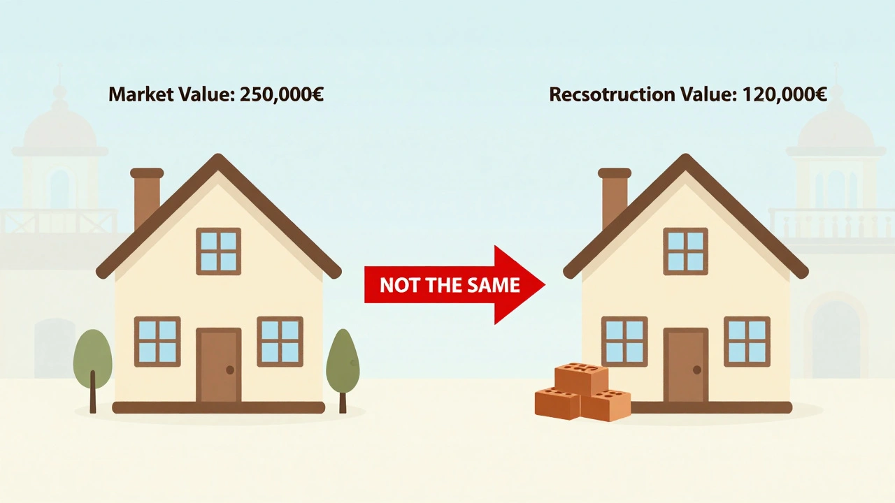 Comparación visual entre valor de mercado y valor de reconstrucción de una vivienda.