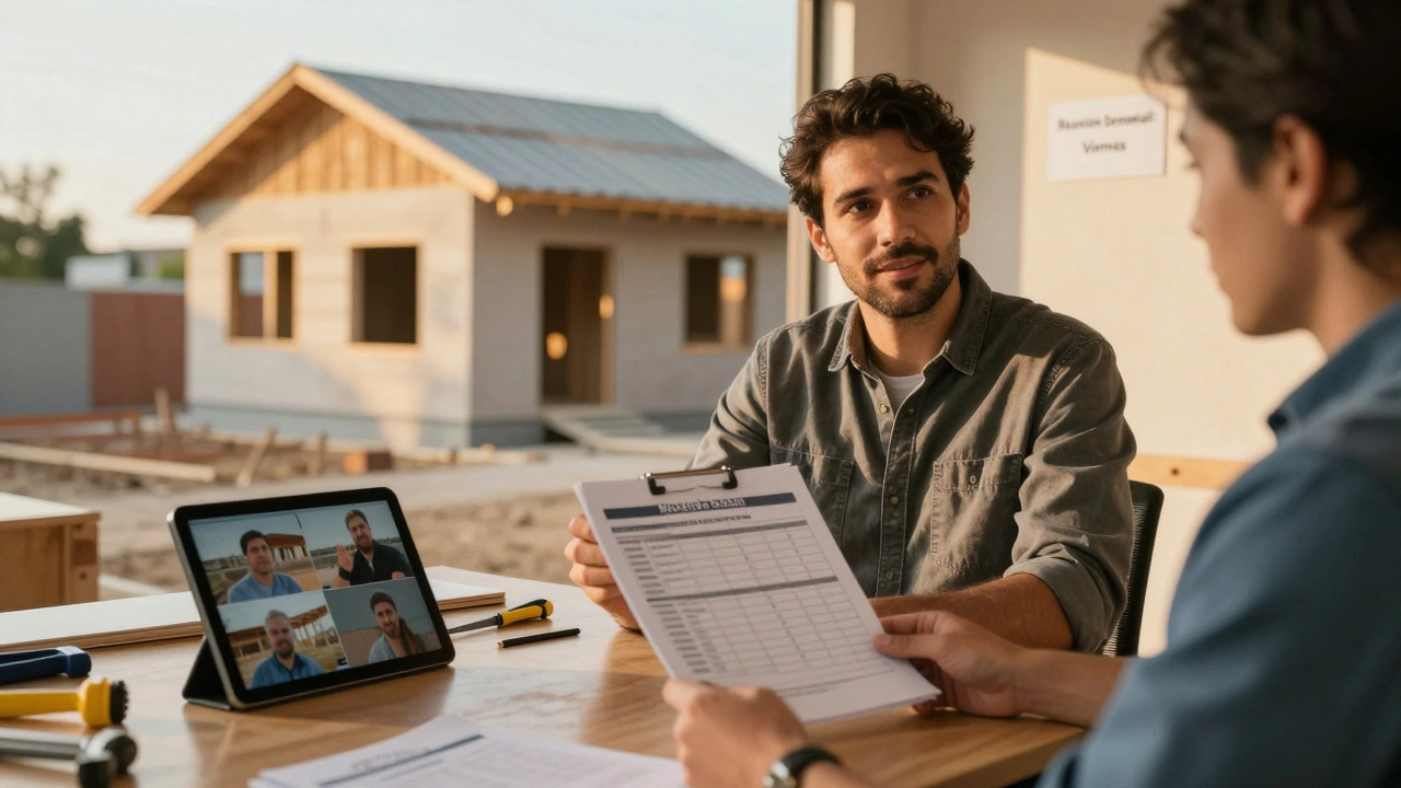 Constructor entregando informe semanal de avance a cliente en sitio, con fotos y planificación visible.