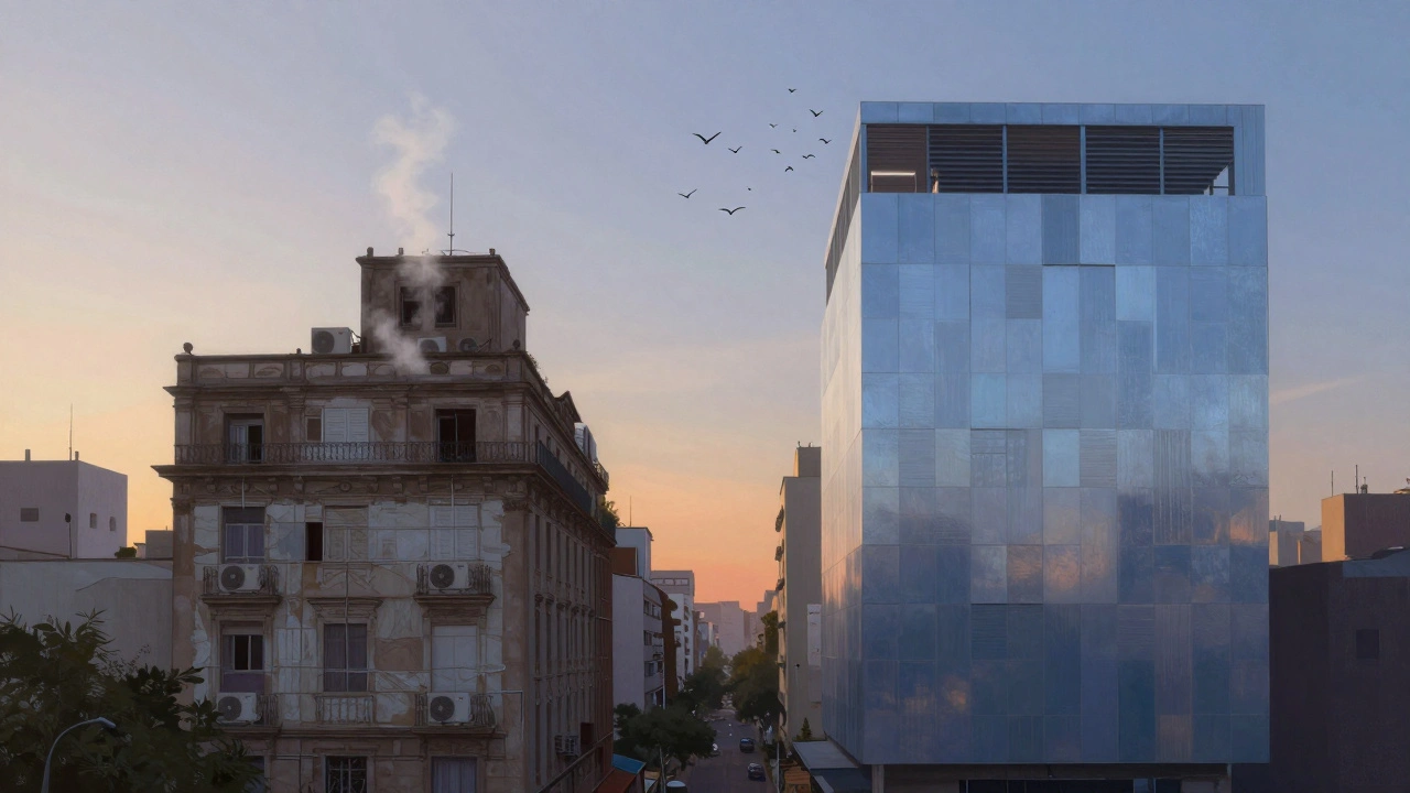 Contraste entre un edificio antiguo con aire acondicionado y uno moderno con fachada ventilada, ambos en una misma calle al amanecer.