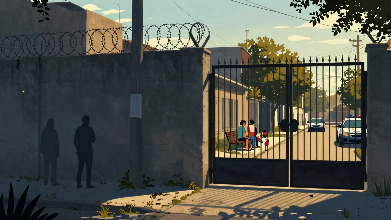 Contraste entre una cerca sólida de concreto con alambre de púas y una reja abierta con vecinos interactuando en la calle.