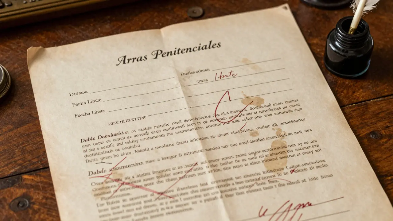 Contrato inmobiliario antiguo con anotaciones manuscritas en rojo sobre cláusulas de arras penitenciales.