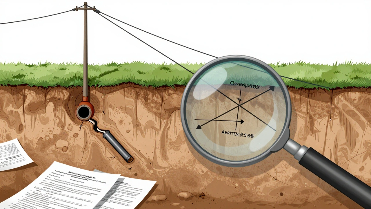 Corte técnico de un lote con riesgos ocultos: nivel freático alto, línea de alta tensión y tuberías rotas, con documentos de verificación alrededor.