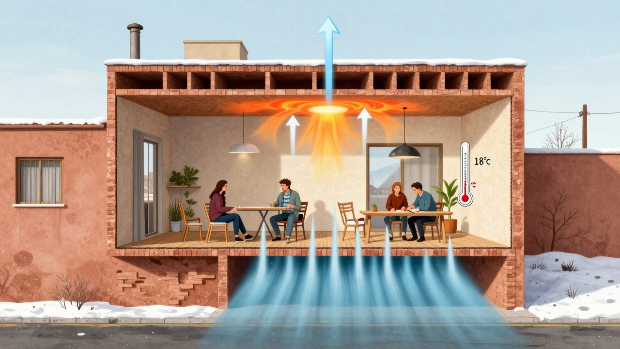 Corte transversal de una vivienda con cavidad de aire que muestra el flujo natural de aire caliente saliendo por arriba y aire fresco entrando por abajo.