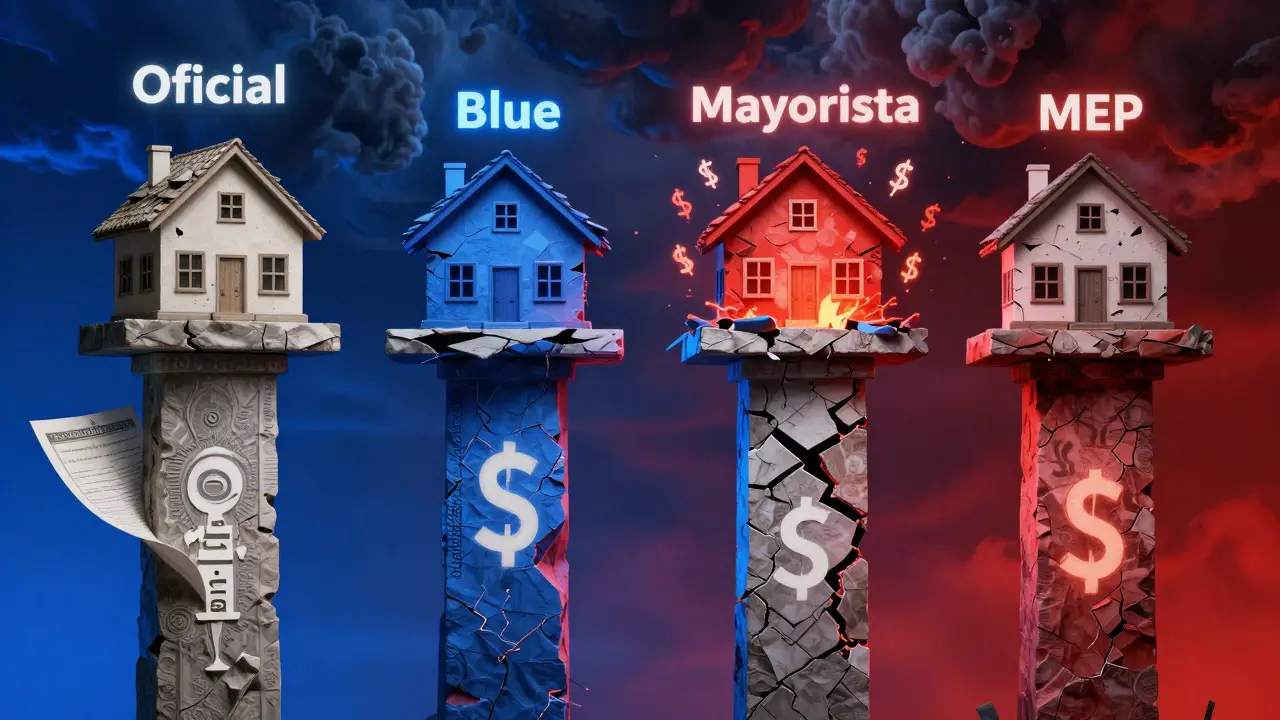 Cuatro pilares representan tipos de cambio de dólar; uno sólido sostiene una casa, los otros se derrumban.