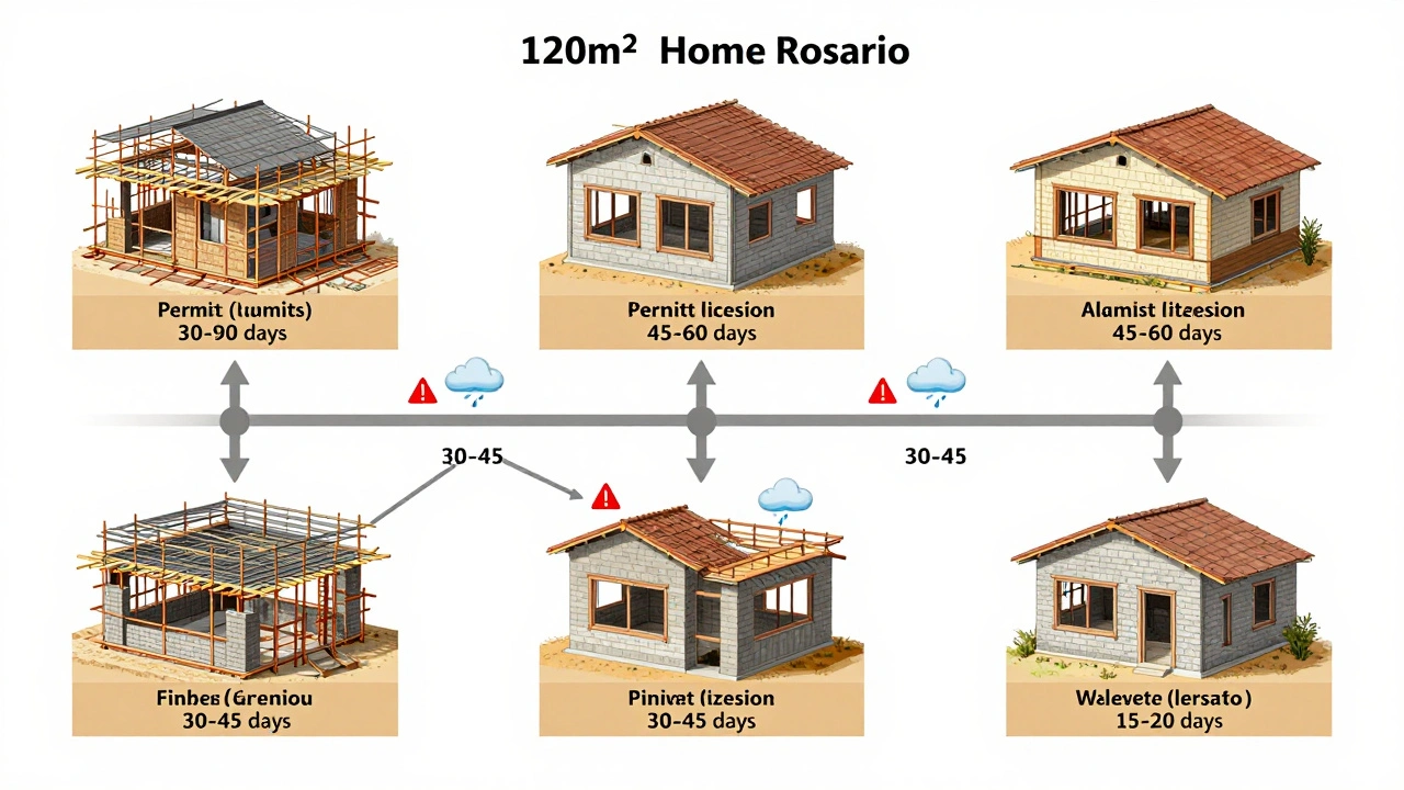 Diagrama técnico de etapas de construcción de vivienda con iconos de retrasos por clima, materiales y mano de obra.