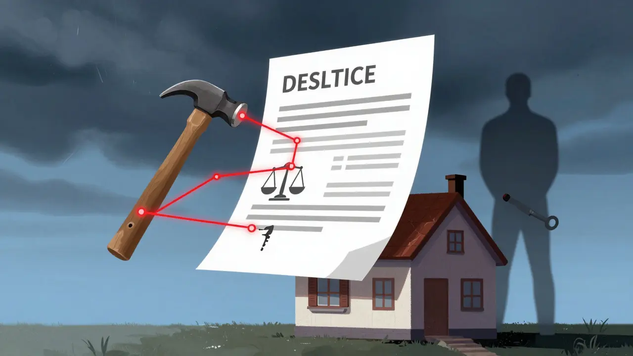 Documento legal flotando sobre una casa, con tres símbolos: martillo, balanza y llave rota, vendedor ocultándose.