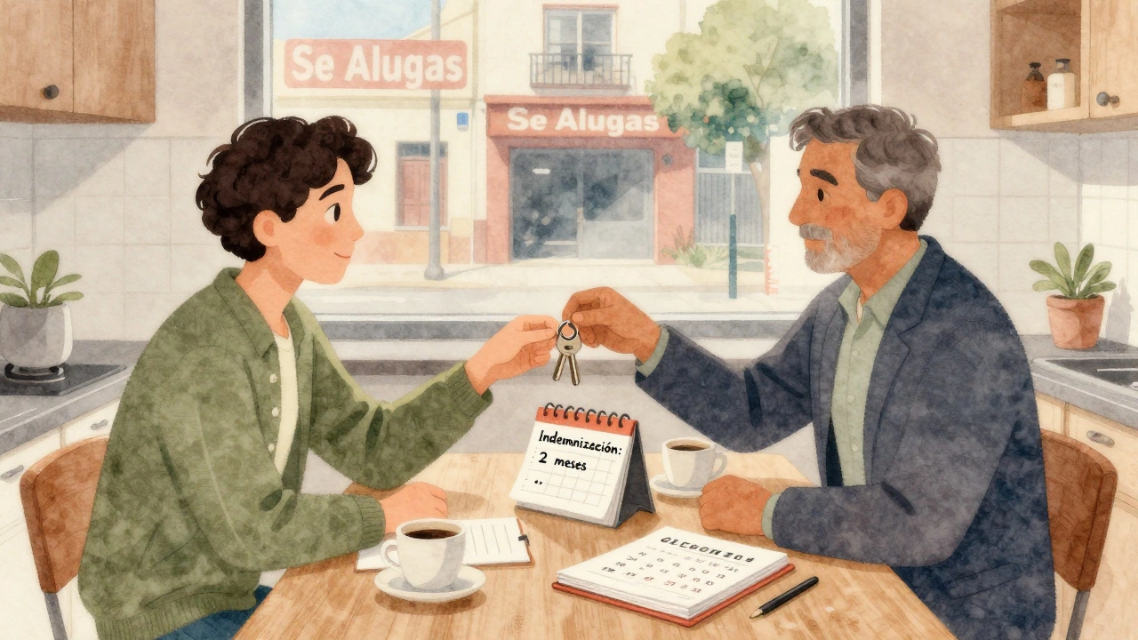 Dos personas intercambiando llaves en una cocina mientras revisan un calendario de salida.