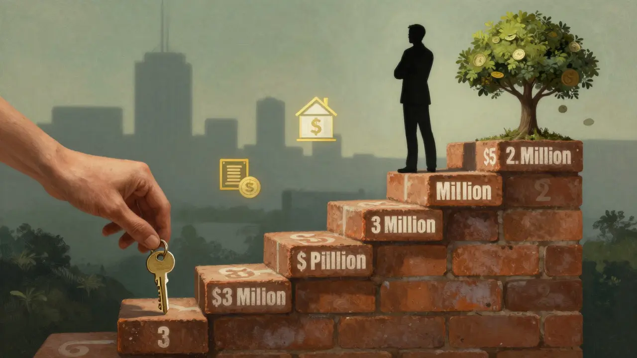 Escalera de ladrillos con valores en pesos que suben hasta una silueta en la cima, representando crecimiento de patrimonio.