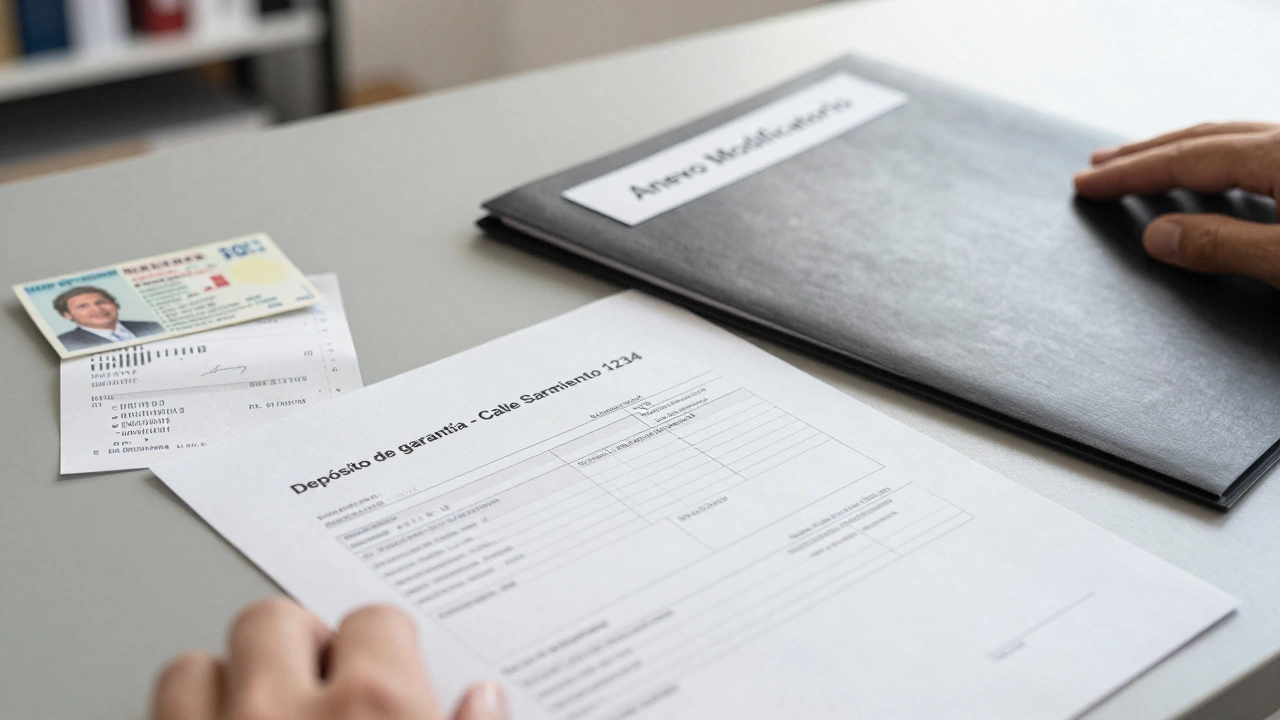 Estado de cuenta bancario con etiqueta de depósito de garantía y documentos firmados sobre escritorio.