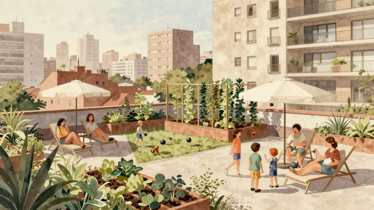 Familia disfrutando de un jardín compartido en la azotea con área de juegos infantiles y vista urbana.