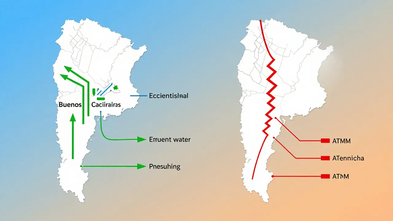 Ilustración estilizada de redes económicas eficientes en CABA frente a sistemas fragmentados en las provincias.