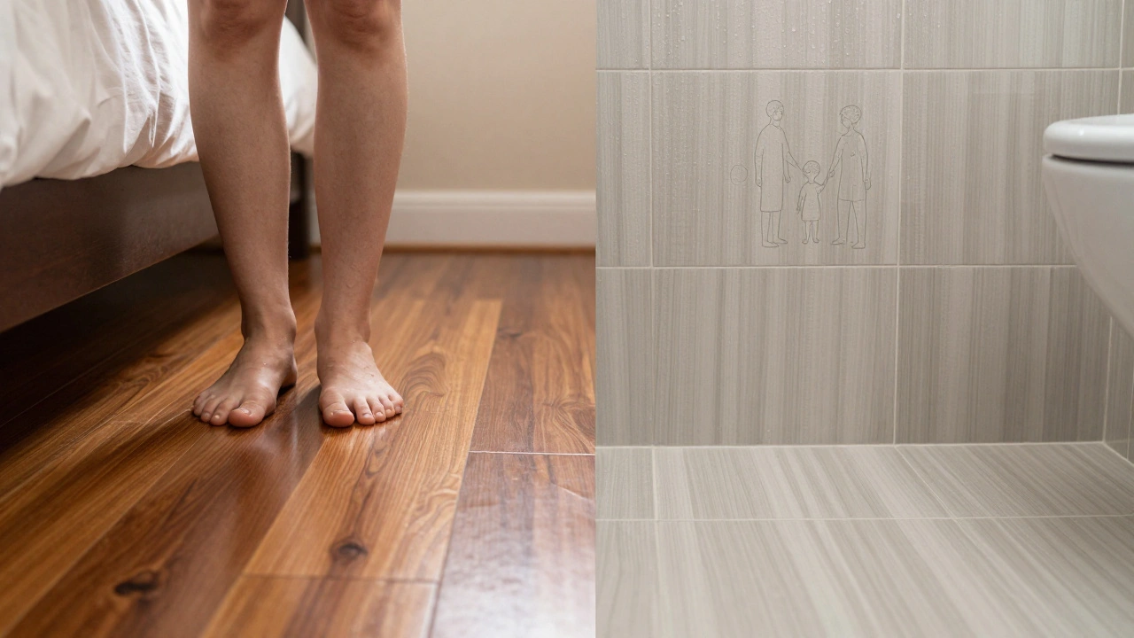 Imagen dividida: madera cálida en dormitorio a la izquierda, porcelanato frío en baño a la derecha.