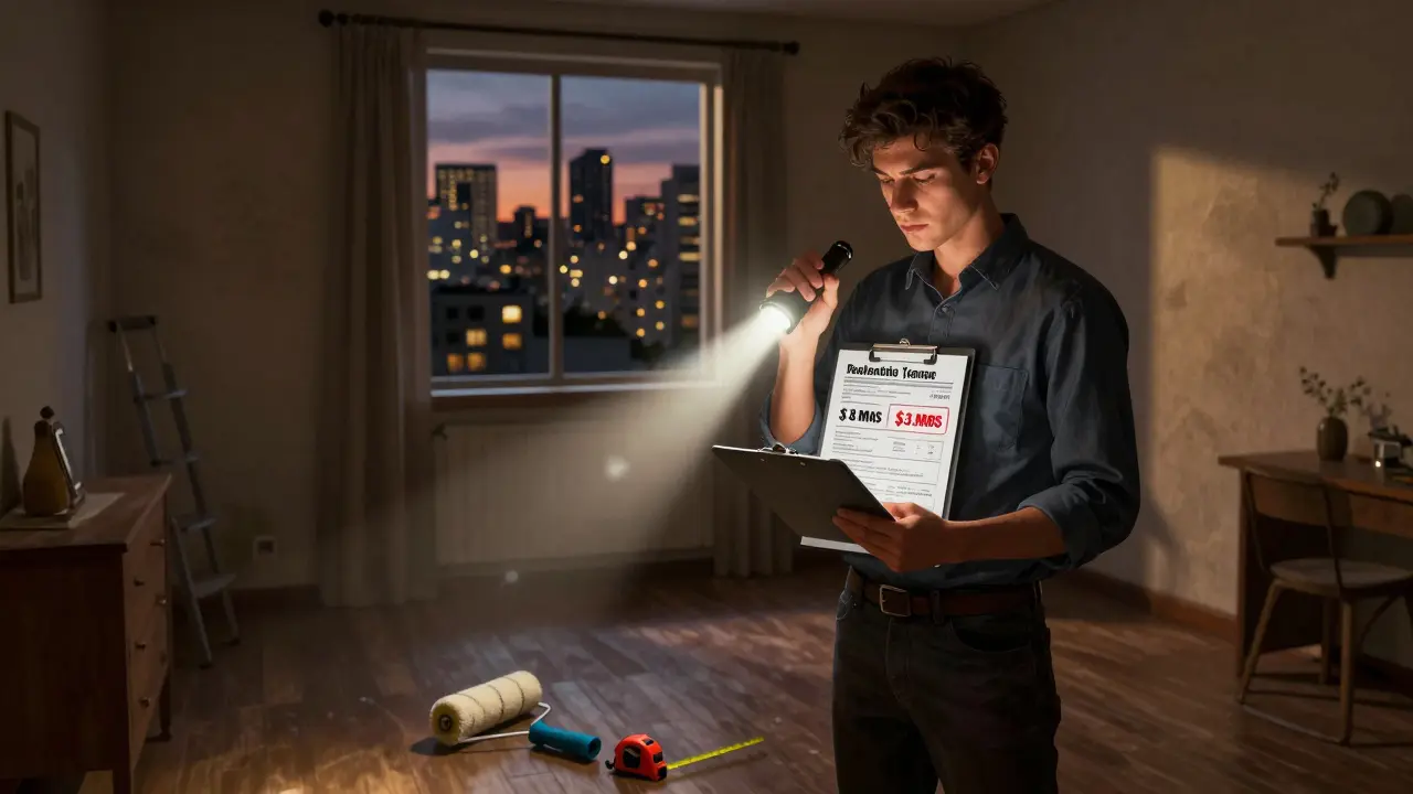 Inversor en un departamento vacío en Rosario con herramientas y lista de bienes raíces, al atardecer.