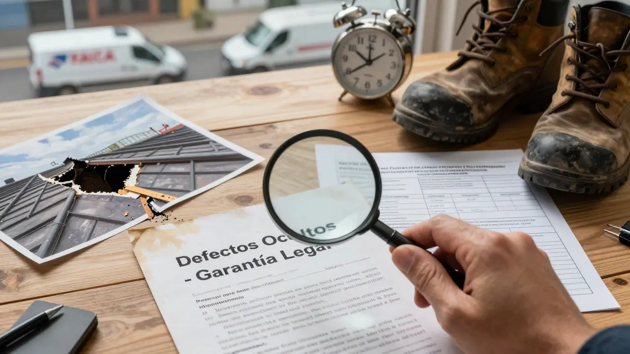 Lupa sobre contrato que revela texto oculto de garantía legal, junto a fotos, informe y reloj marcando tiempo límite.