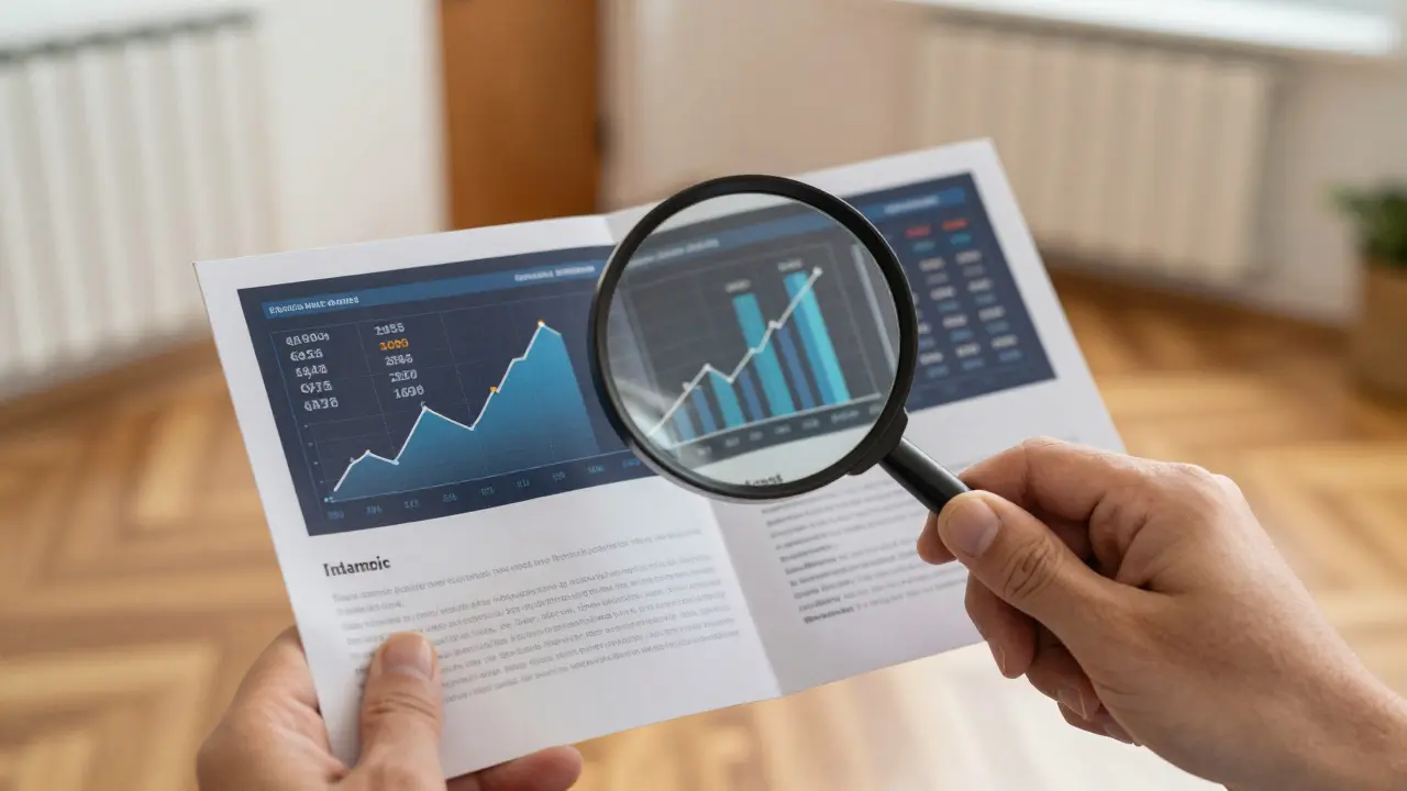 Mano con lupa que muestra un panel digital de comparación de precios sobre un folleto inmobiliario físico.