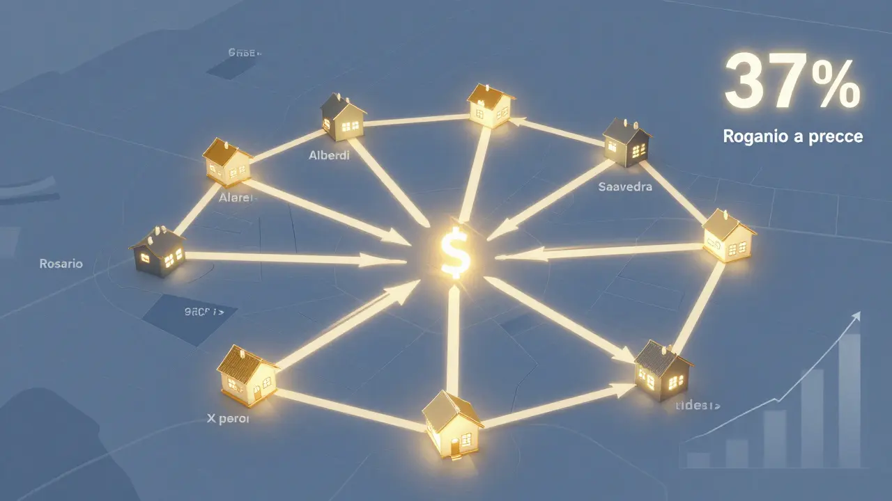 Mapa conceptual de Rosario con propiedades que se venden rápido en colores brillantes y otras lentas en tonos apagados.